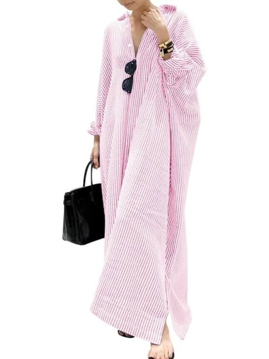 Dresses & Skirts - Women's Pink Long Sleeve Button Down Loose Striped Cotton Maxi Shirt Dress